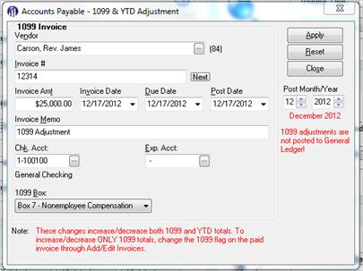 When starting Accounts Payable mid-year, use this option to enter amounts paid to a vendor s 1099 total