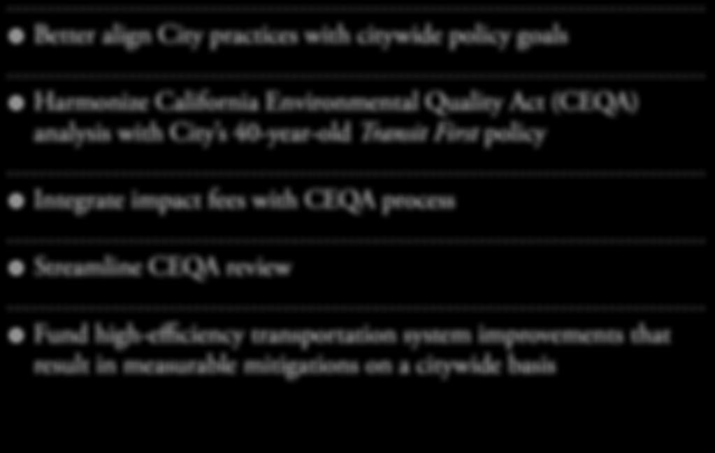 Goals & Objectives Better align City practices with citywide policy goals Harmonize California Environmental Quality Act (CEQA) analysis with City s 40-year-old Transit First