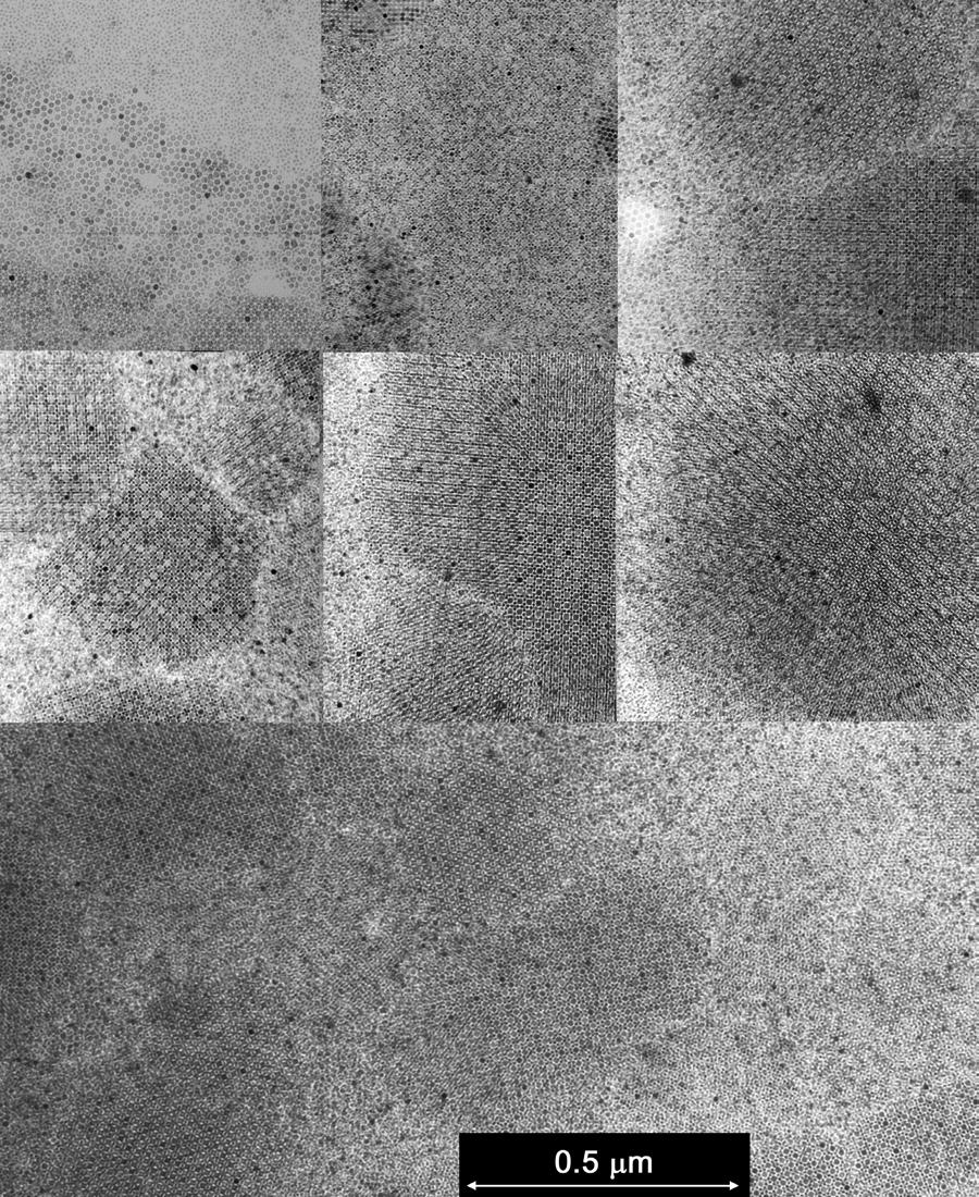 Figure 5: Collection of low resolution TEM images showing phase-separated regions, random mixtures, phase-separated and