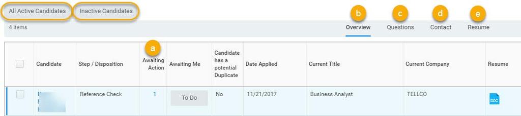 C. Review of the Candidate Grid a. Awaiting Me: This feature provides a quick snapshot of next actions needed for the specific candidate.