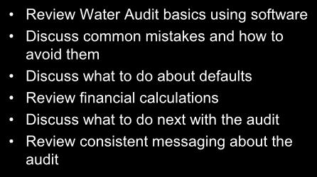 Objectives Review Audit basics using software Discuss common mistakes and how to avoid them Discuss what to do about defaults