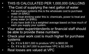 Variable Production Cost THIS IS CALCULATED PER 1,000,000 GALLONS The Cost of supplying the next gallon of water For purchase systems this is the wholesale cost to purchase water (in $/MG) If you