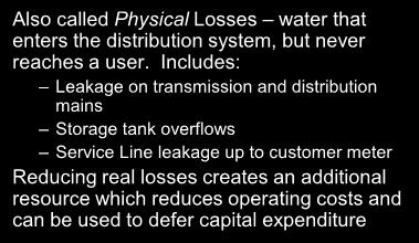 Real Losses Also called Physical Losses water that enters the distribution system, but never reaches a user.