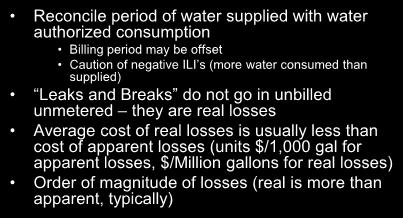 authorized consumption Billing period may be offset Caution of negative ILI s (more water consumed than supplied) Leaks and Breaks do not go in unbilled unmetered they are real losses Average cost