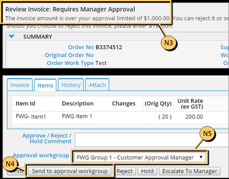 N4 - Instead of an Approve button, the Send to approval workgroup button is visible.