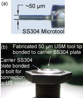 Figure 2.6: (a) Photograph of a fabricated 50-µm diameter micro-tool. (b) The micro-tool bonded to the USM bolt using STYCAST epoxy. This bolt is screw fitted into the horn. 2.6 Process Control Software A process control software was written using Visual Basic (VB) 2012.