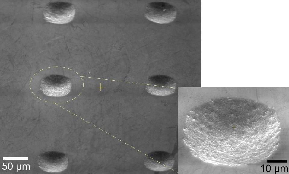 Figure 4.16: SEM image of a 50-µm lateral size features machined using the micro-tool array fabricated using serial-mode µedm. The inset shows a close up of one of the features. Figure 4.