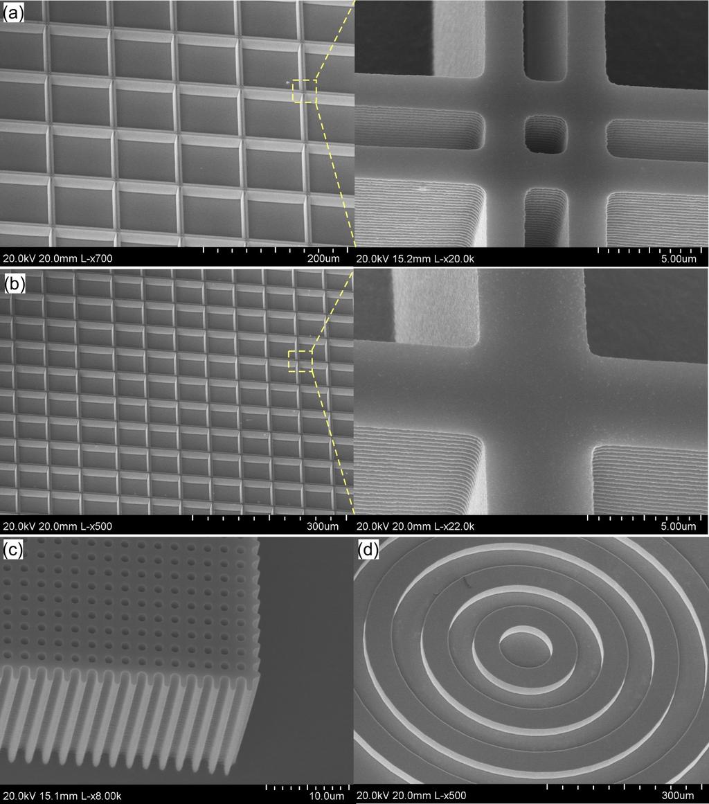 Figure 4.21: SEM images of micro-tools fabricated using DRIE. (a) Micro-tool pattern of 2-µm feature size. The inset shows a closeup of the features. (b) Micro-tool pattern of 5-µm feature size.