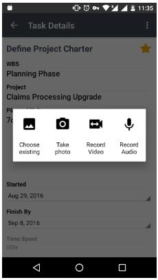 existing photo, take a photo, record video, or record audio Once the