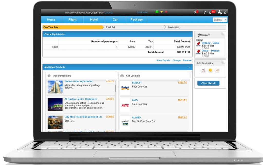 Dynamic cross-sell Once a flight is selected, the system now automatically proposes contextual hotel and car offers in the shopping basket page, which maximises selling opportunities.
