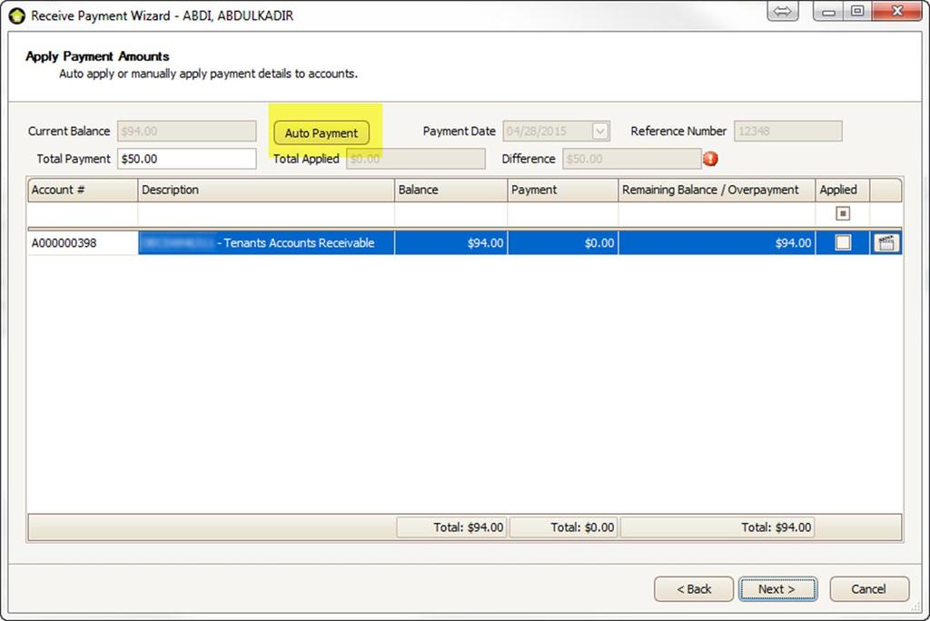 5. On the Apply Payment Amounts screen, the Current Balance and Total Payment are displayed at the top of the screen.