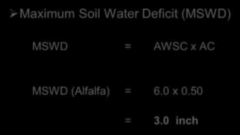 Maximum Soil Water Deficit (MSWD) MSWD = AWSC x AC Maximum