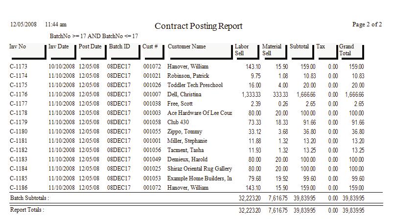 Contract Posting Report by Batch Description: This report gives you a list of Contract Invoices that have been posted under a given Batch-ID.