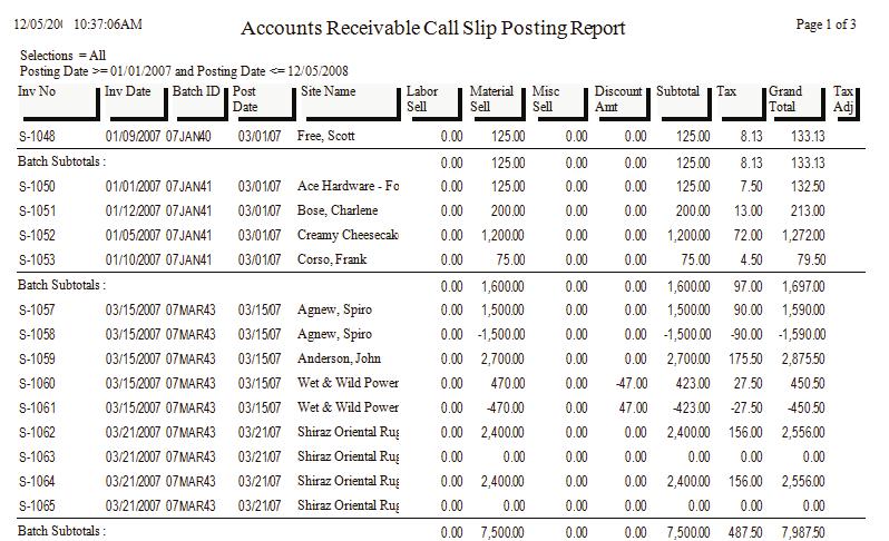 Call Slip Posting Report by Date Description: This report gives you a list of Call Slip invoices that have been posted within a given range of dates.