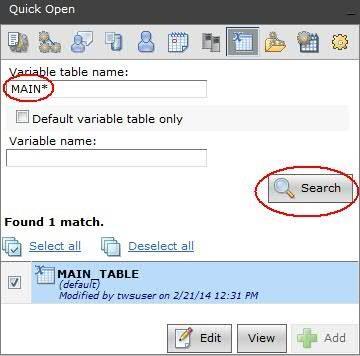 To edit or delete a variable table, open it in edit mode from the Quick Open pane of the