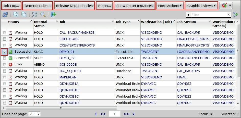 The list of job instances associated with the specified engine is displayed in the All Jobs in plan (Distributed) panel. 5. You can perform a number of actions on selected job instances in this view.
