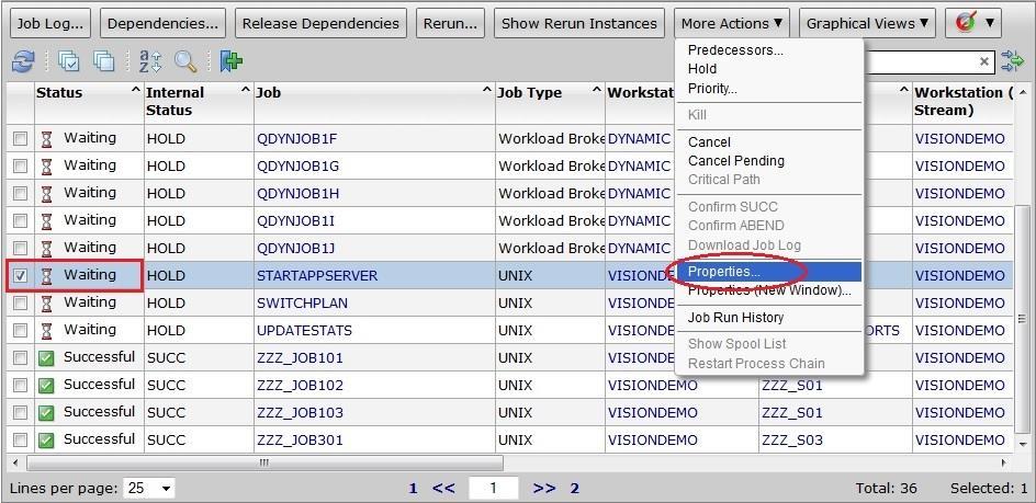 The properties and the corresponding values for the selected job instance are displayed.