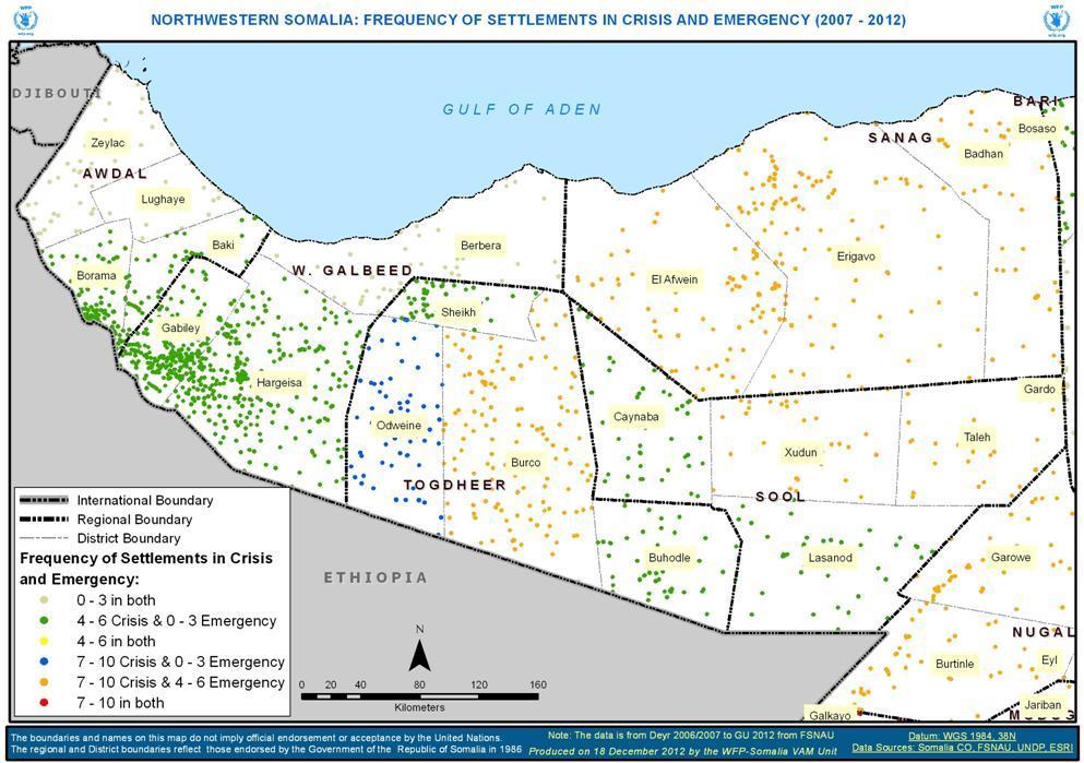 Process: The frequency of districts being classified in Crisis and Emergency over the last 5 years was overlaid with settlement data from OCHA (P- Code list), in order to illustrate the distribution