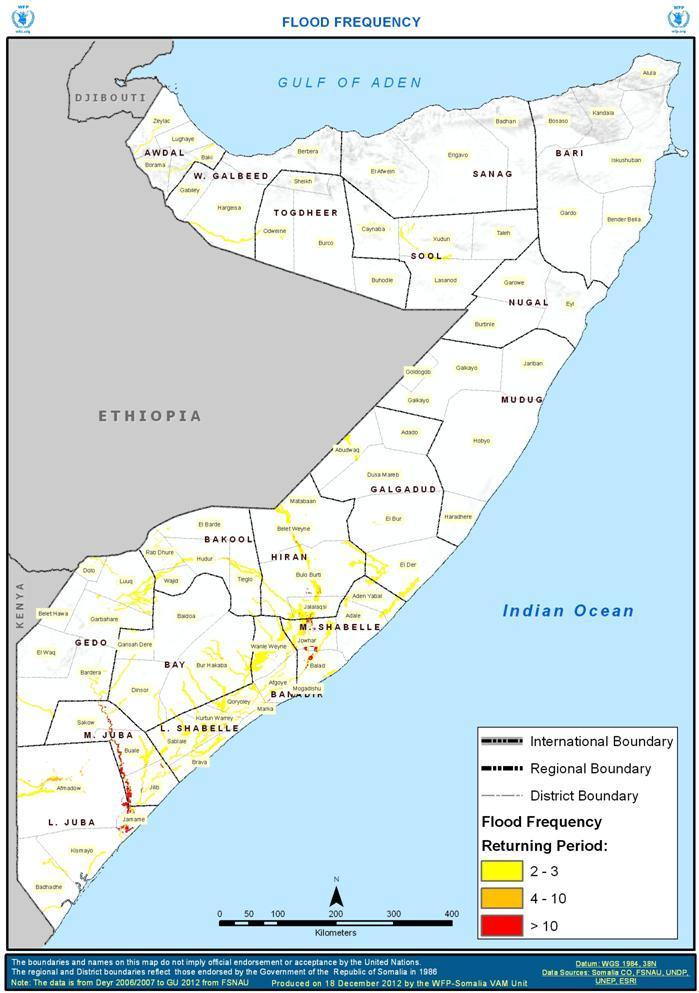3.2. Floods Floods are the most prevalent forms of natural disasters along the Juba and Shabelle Rivers in southern Somalia, whereas flash floods are common occurrences along the intermittent streams