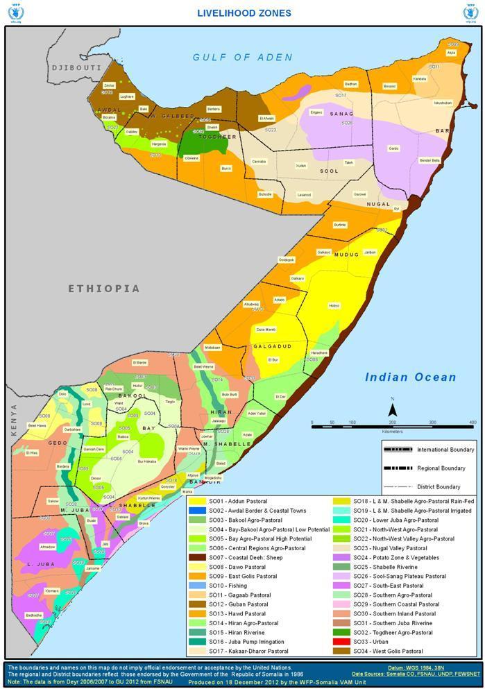 The following two maps illustrate the livelihood zones and water points in Somalia. The first map reflects the discussion of livelihood zones above.