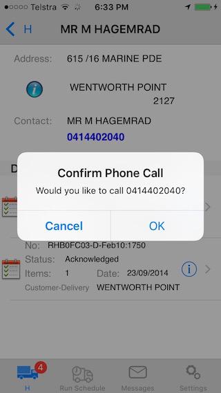 3.5.1. Make a Call To call the customer, touch the phone number. Click Ok to confirm the phone call.