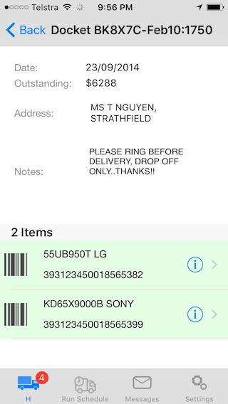 The Customers Delivery Docket details are displayed. Notes to Driver are displayed.