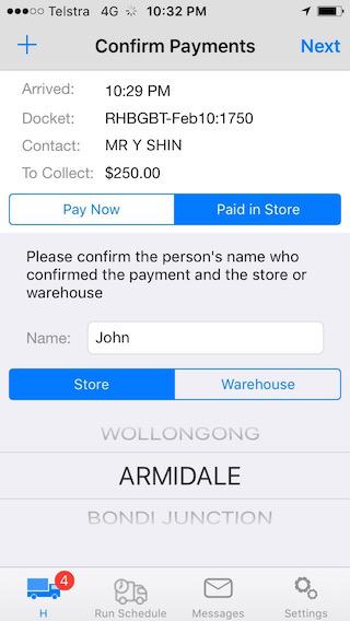 Complete the Store Contact persons name using the IPhone keyboard. Scroll through the list of store names to select the correct store name. Select Next / Depart to continue to the next delivery Job.