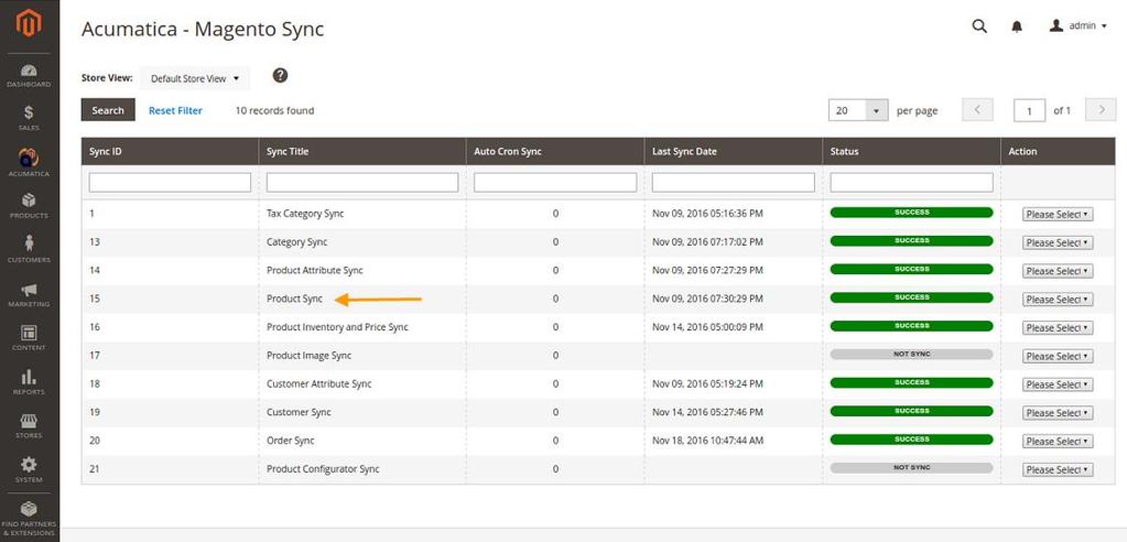 17.4 Product Sync Navigation: Magento Admin Panel Acumatica Configuration Acumatica Sync Configuration Enable Product Sync to display it on Manual Sync page By default, Individual Sync and Auto Cron
