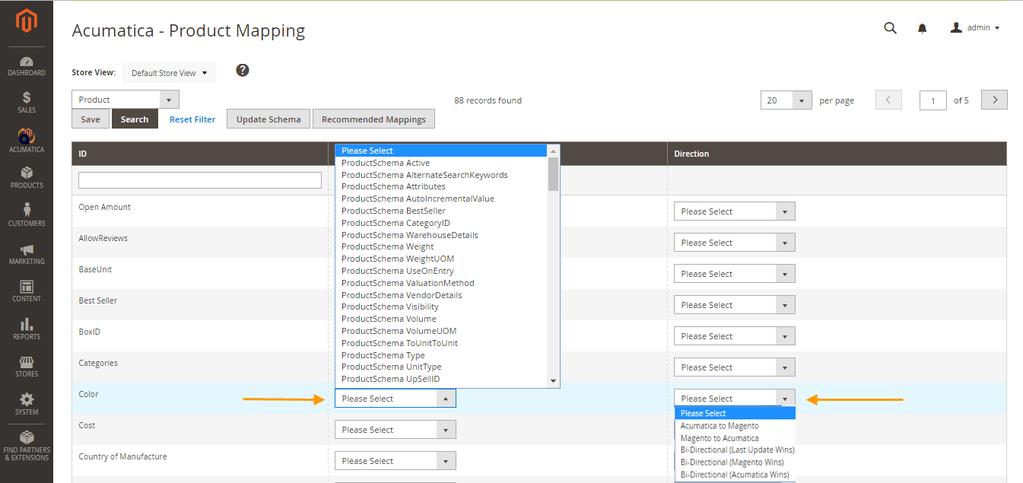 are mandatory for Sync. Map the Magento Attribute with Acumatica Attributes from Drop down list and define the direction and then click on Save. 20.