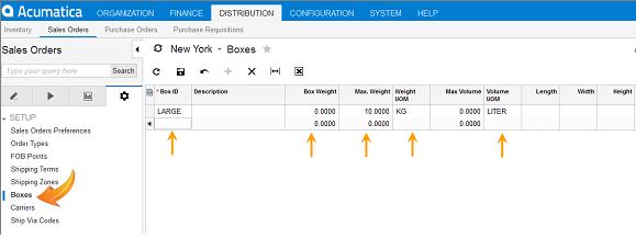 3.3 Configuring Boxes Navigation: Distribution Sales Orders Configuration Boxes For configuring Boxes, enter the details