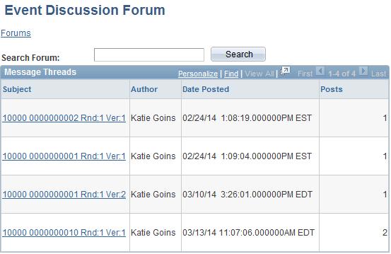 7. Use the Event Discussion page to view an event message and post a reply. From the message thread, you can view a message by clicking on a link in the Subject column.