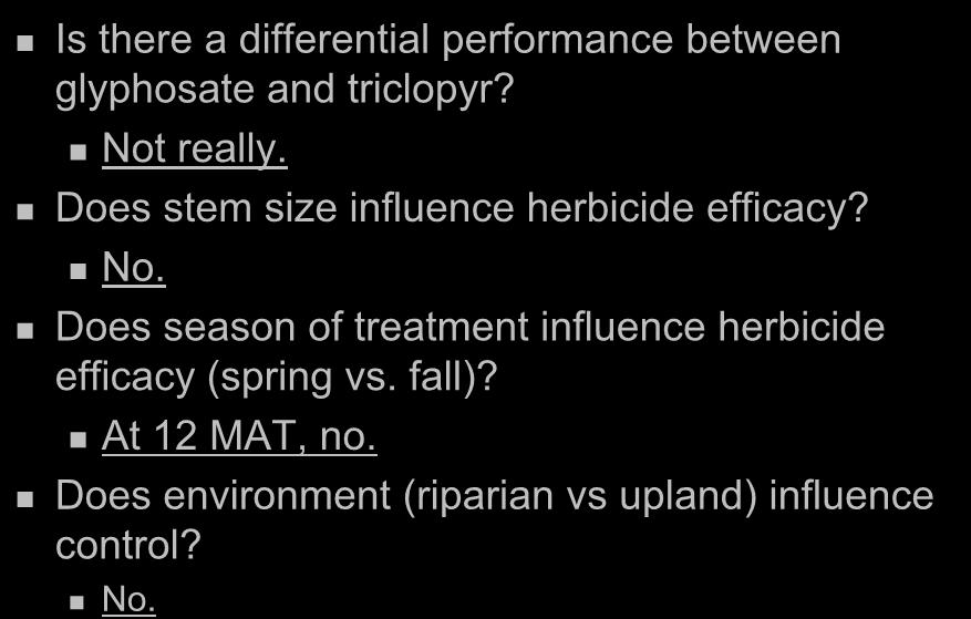 Cut Stump Answers to Date Is there a differential performance between glyphosate and triclopyr? Not really. Does stem size influence herbicide efficacy?