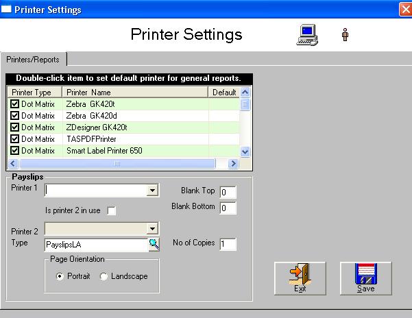 Printers Settings The payroll system must know which printer to use for reports. It can use any printer which has been installed on your computer. Dot Matrix printers should not be used.