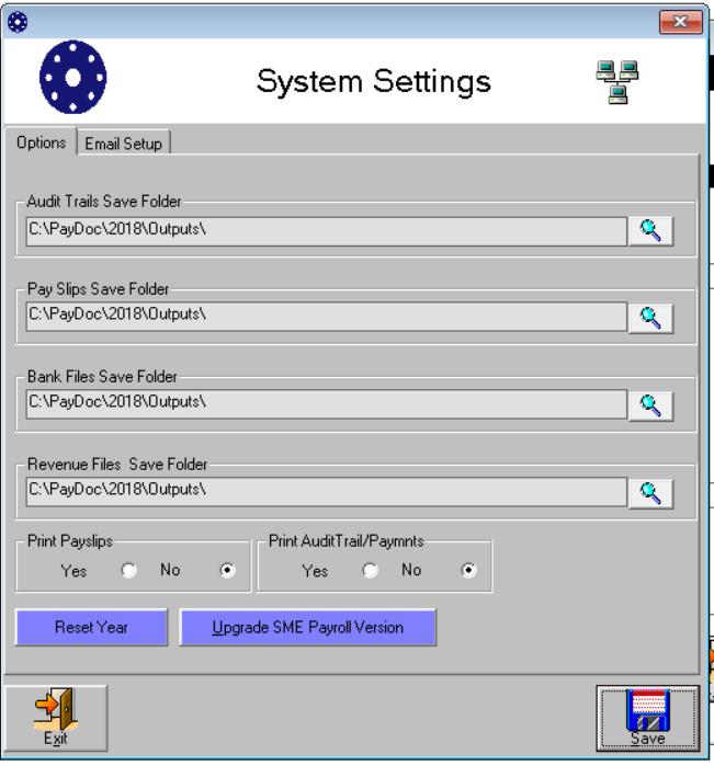 System Settings The systems setting programs, to be found in the File menu allows the user to tell the system where to put the bank and revenue export files.