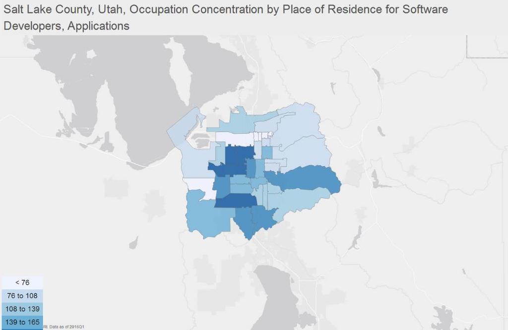Geographic Distribution The below maps illustrate the ZCTA-level distribution of employed Software Developers, Applications in Salt Lake County, Utah.