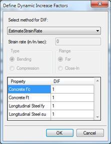 The dynamic load effects on the materials can be specified by clicking on the Edit button next to the Dynamic Increase Factors label on the Analysis tab and providing the necessary information on the