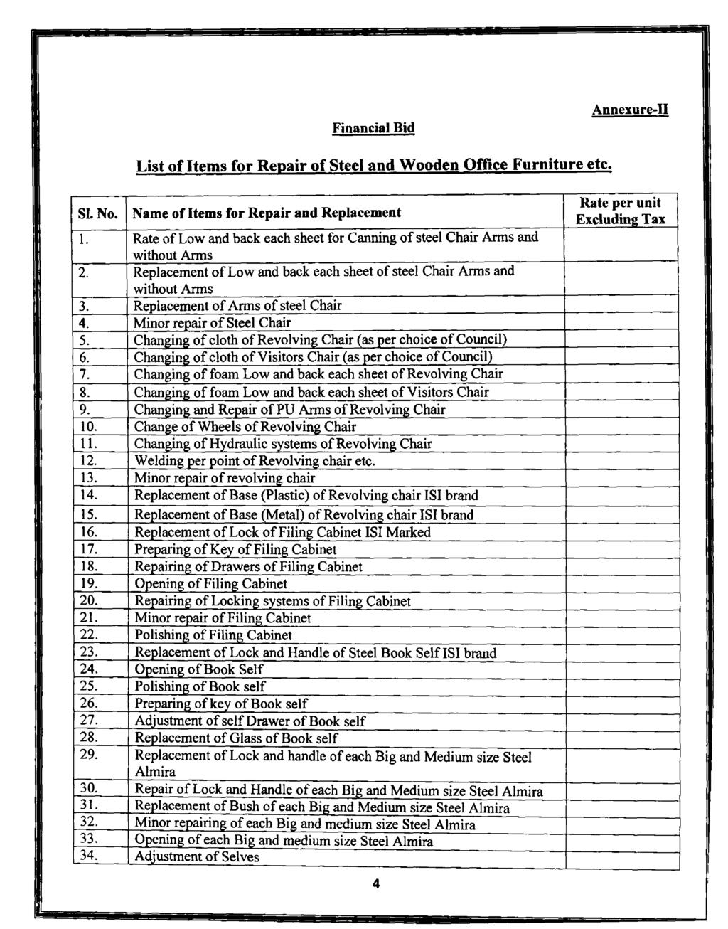 Financial Bid Annexure-II List of Items for Repair of Steel and Wooden Office Furniture etc. SI. No. Name of Items for Repair and Replacement 1.