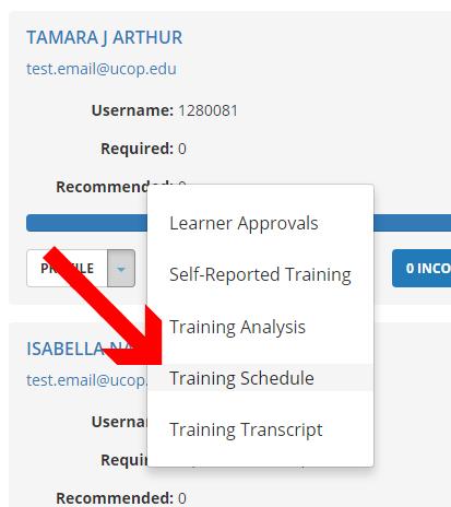 View Training Schedule (User Emulation mode) You can view a managed user s training schedule to see their current registrations and progress. 1.