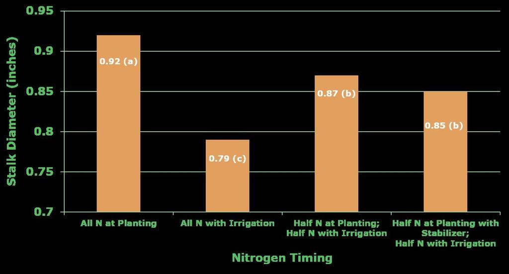 Figure 2. Stalk Diameters and Differences at the P=0.10 Level. Figure 3. Late-season nitrogen stress in Treatment #1 where all of the nitrogen was applied at planting. Figure 4.