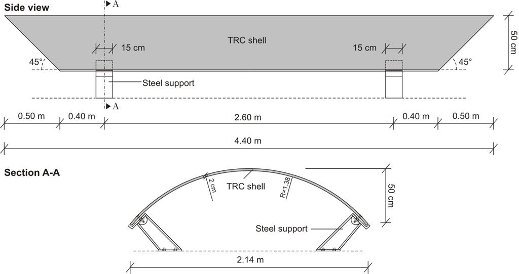 Figure 4: Dimensions of the tested and simulated TRC barrel-vault shell The thickness of the shell was 2 cm containing 6 layers of equidistantly placed fabric layers of carbon.