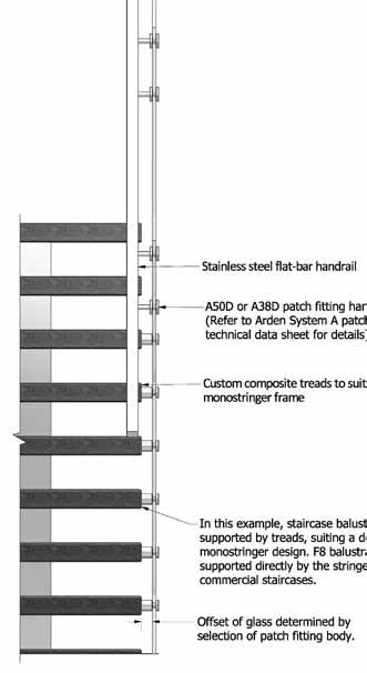 Figure 1. Side elevation of a typical raking balustrade layout on a straight flight section. This particular application of F8 has the balustrade mounted on the Z2 zigzag stringer design.