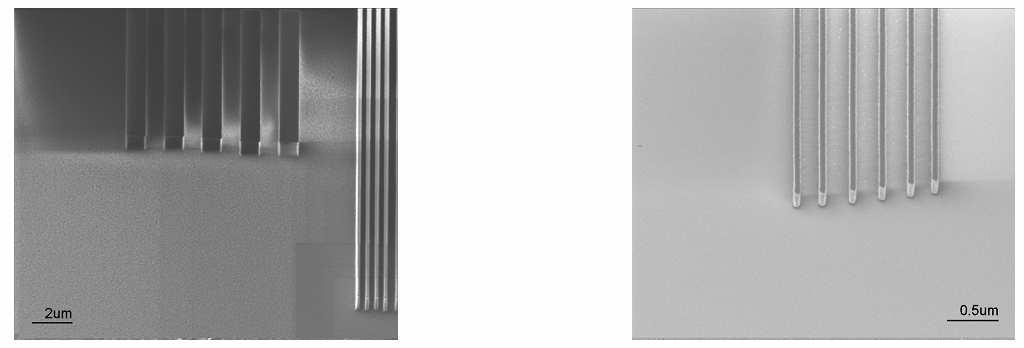 thickness of approximately 10 nm. Fig. 4. FIB image of 1 µm and 0.1 µm lines/spaces in 1.5 µm thick SPR660 after the NERIME process. (Ga + beam doses of 5000 µc/cm 2 and 2.