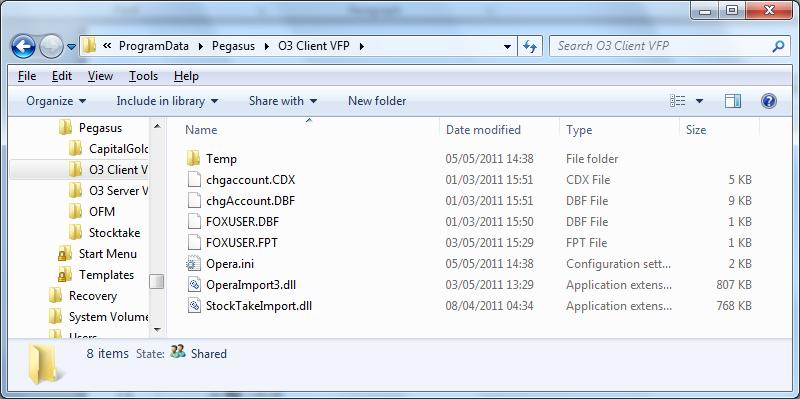 C:\ProgramData\Pegasus\O3 Client VFP A new dll to be aware of which is used by Stocktake can be found in the Dynamic O3 Client folder (StockTakeImport.dll).