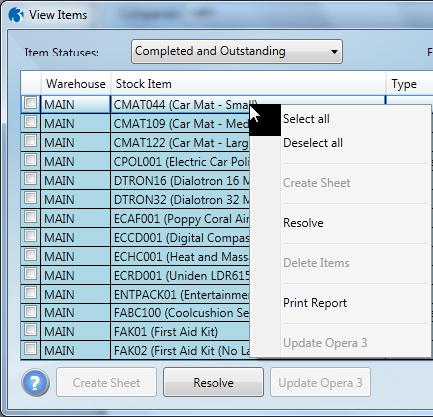 You can use right mouse-click command menu on this form to: Select all stock items or deselect all stock items Create sheets Resolve any issues with the count, for example if a count was outside the