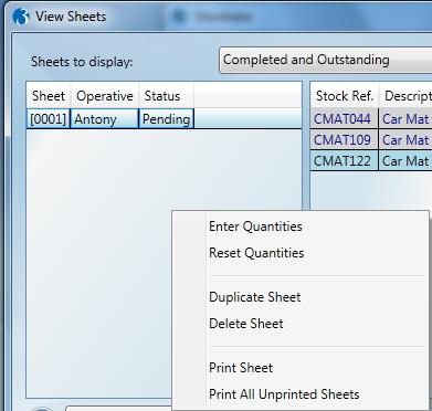 sheets that have not been printed. Note: The mouse-click menu is displayed only if you click on the left grid (sheets).