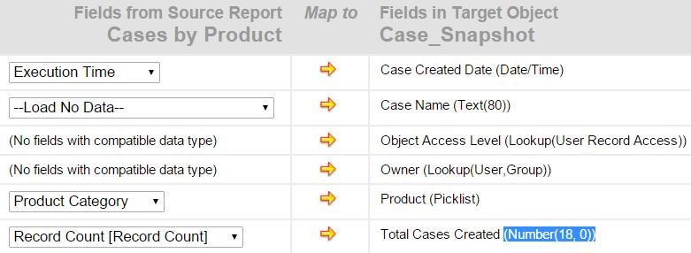 Enter the following mapping: Execution Time: map to case Created Date (Date/Time). Product Category: map to Product (Picklist). Record Count: map to Total Cases Created (Number(18, 0)). Click Save.