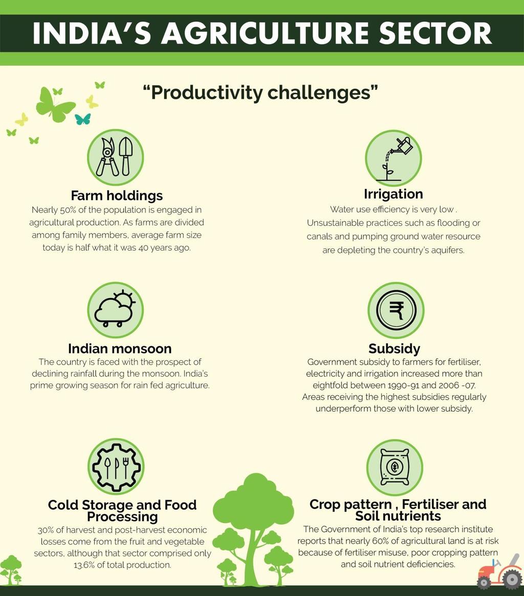 Productivity Although India has attained self-sufficiency in food staples, the productivity of its farms is below that of Brazil, the United States, France and other nations.