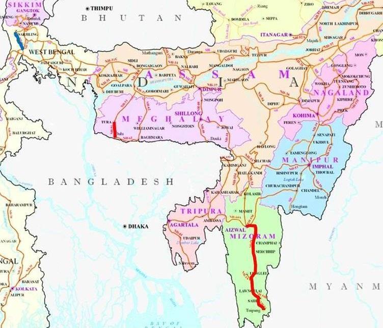 Connection to Bangladesh border NH54 Mizoram Aizawl~Tuipang about 350km Connection to Kaladan Multi Modal Transport Corridor