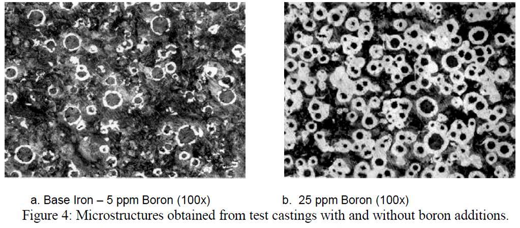 HISTORY AND THEORY Several investigators have reported that boron increases the propensity to form ferrite and carbides in ductile iron. Levels above 0.