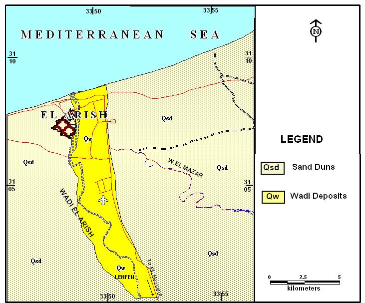 Beach deposits: it extend along the coastal shore line from El-Arish to Rafah beyond Gaza in the form of friable sands to consolidated sandstone as a result of calcareous material as calcium